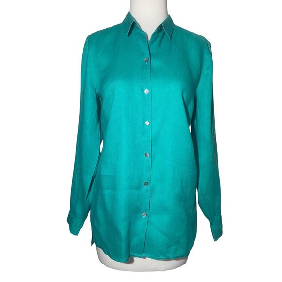 J Jill Linen Button Up Shirt Women's Size S Turquoise Long Sleeve READ - Picture 2 of 7